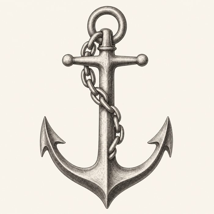 Engraving of an admiralty anchor with chain