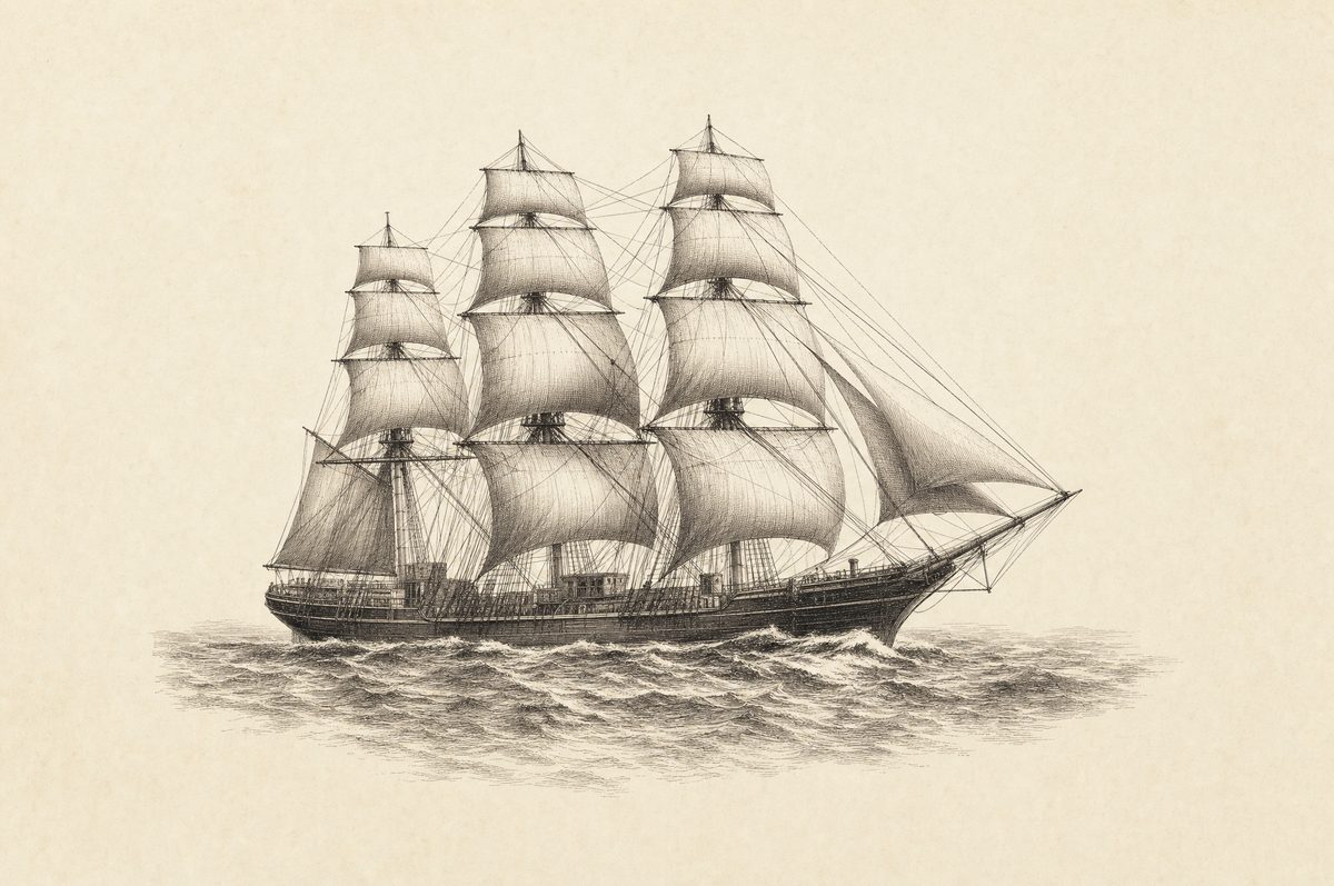Engraving of a three-masted clipper ship under full sail