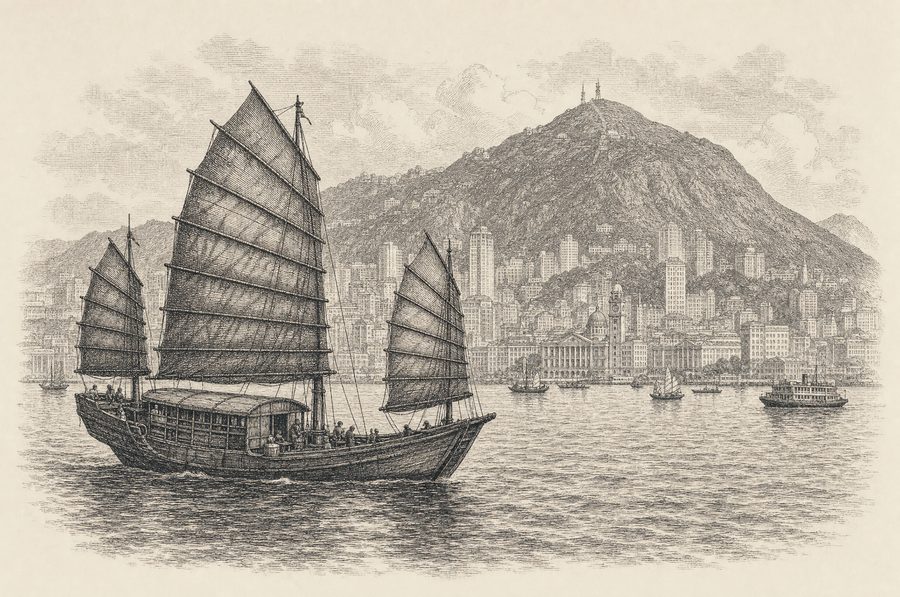 Engraving of a junk boat crossing Victoria Harbour