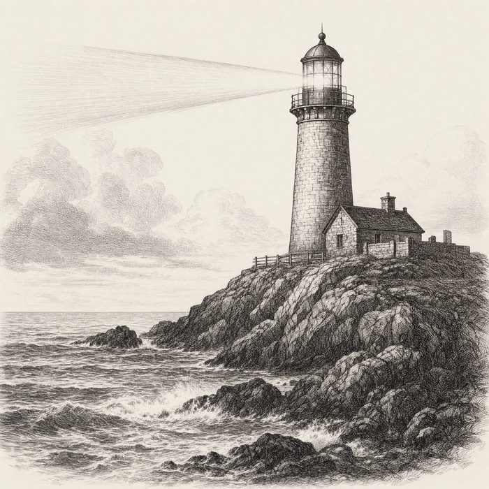 Engraving of a lighthouse on a rocky headland