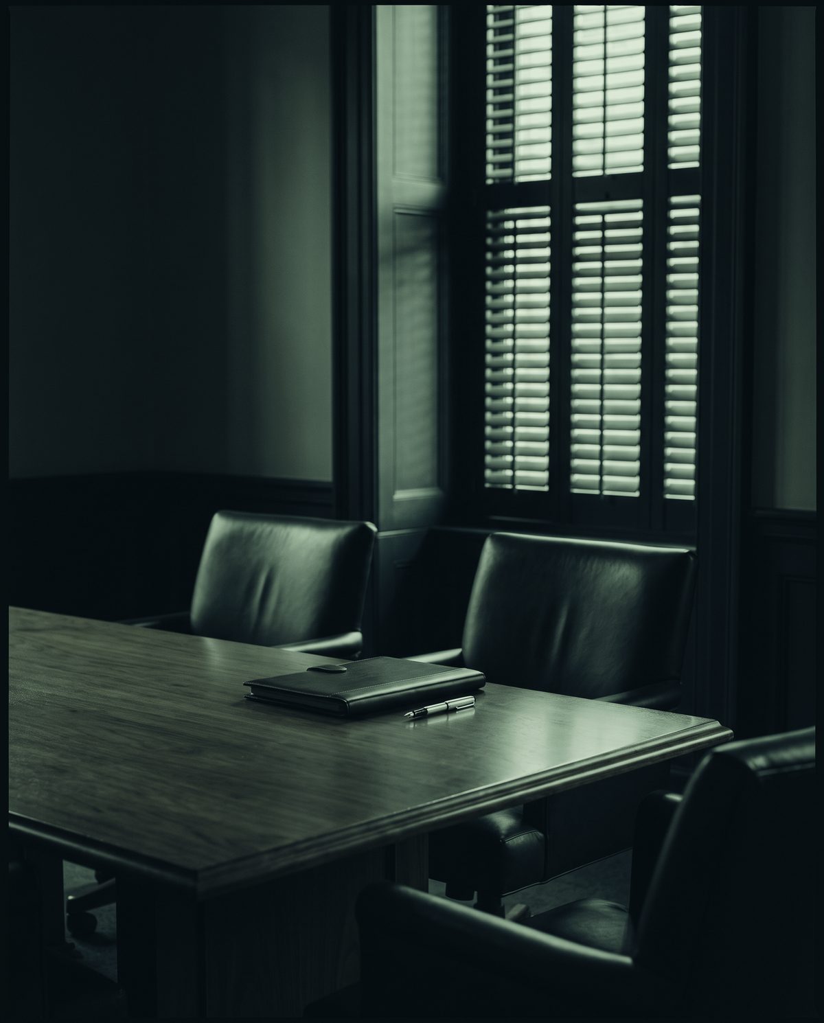 A panelled room in low window light