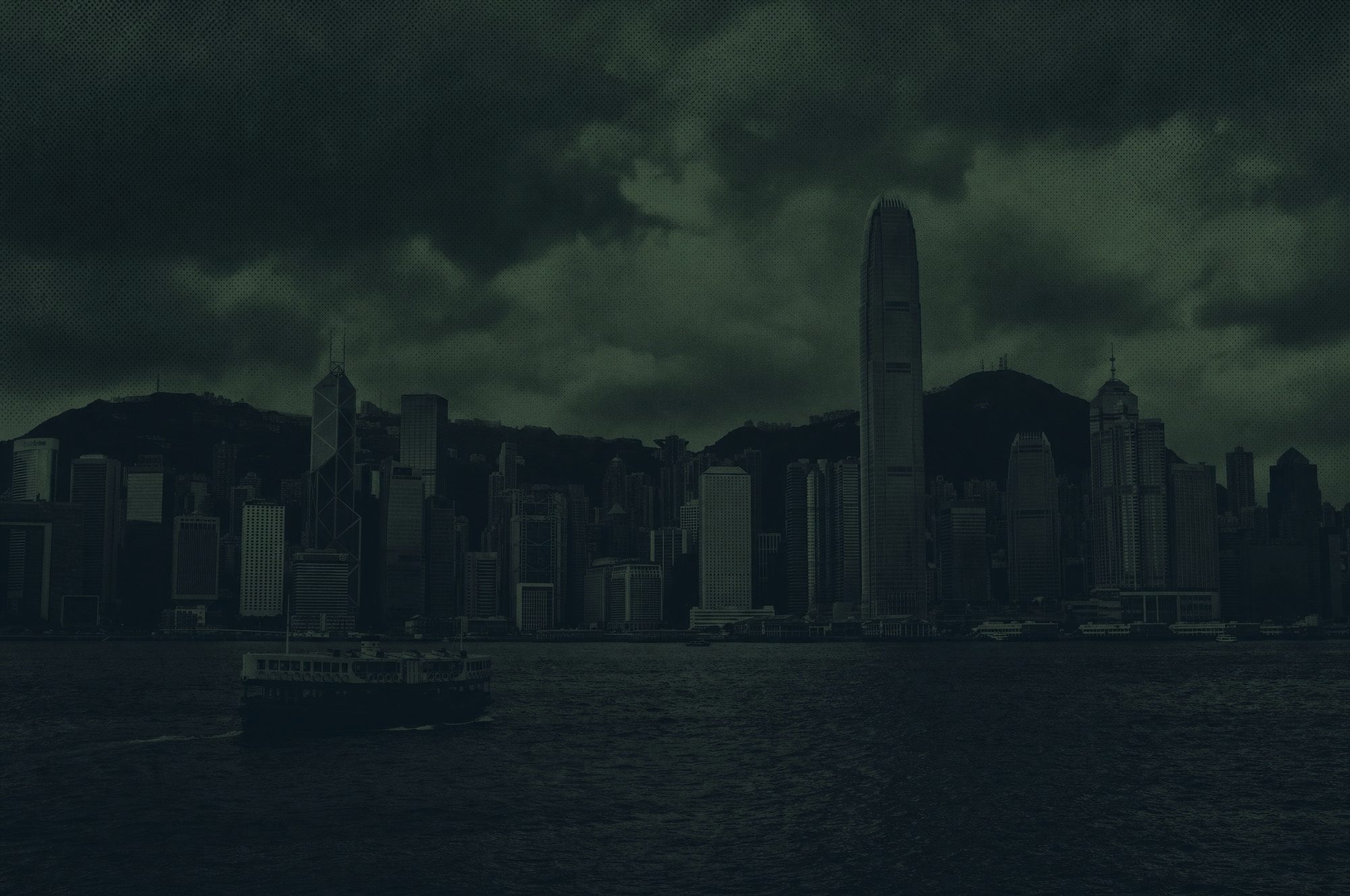 Hong Kong Central skyline across Victoria Harbour, graded in the firm's ink and green